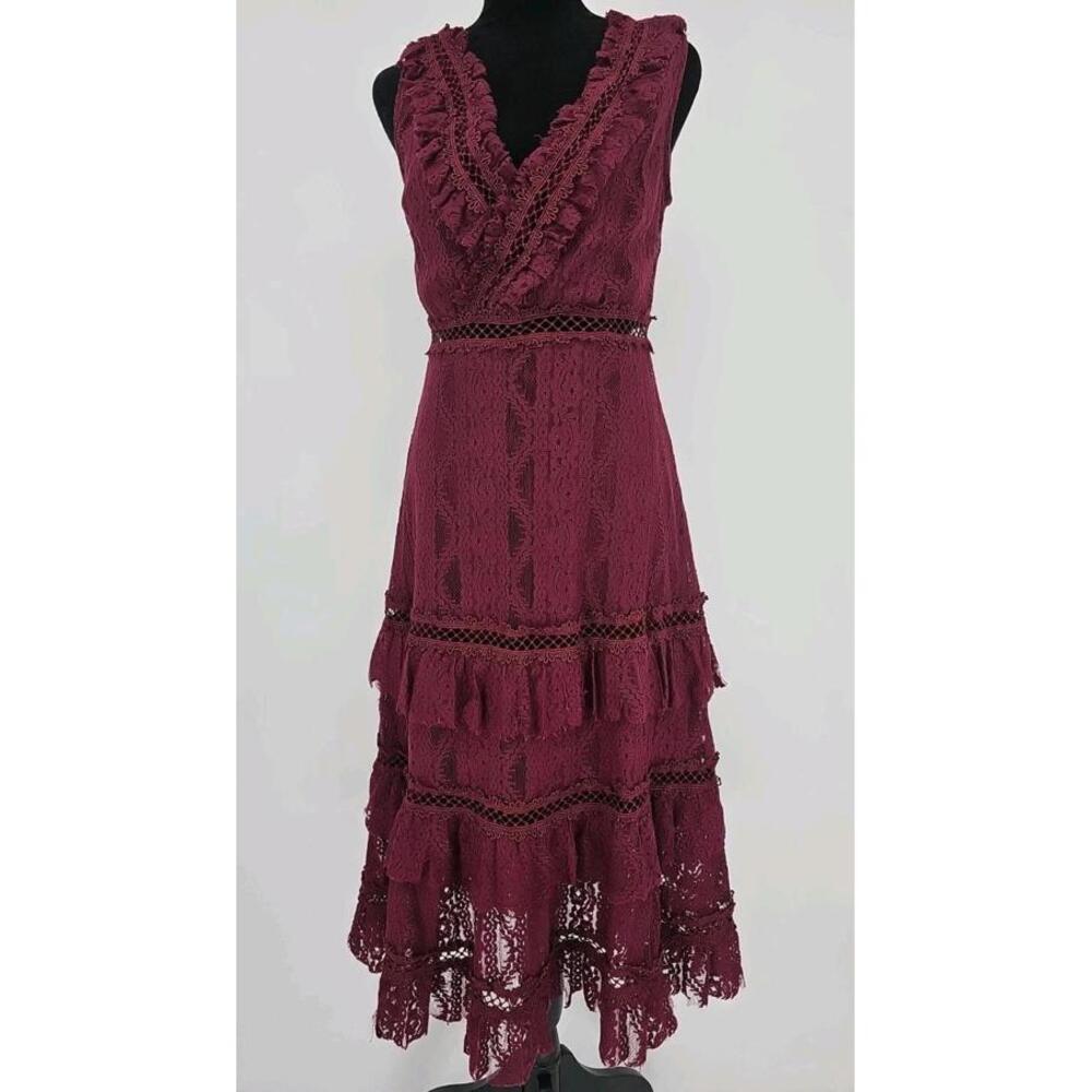 Lulus Lace‎ Tiered Ruffle Dress Burgundy Size M